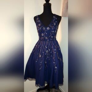 Adrianna Papell Navy Blue Beaded Formal Dress Sz 4